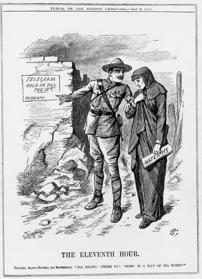 Boerenoorlog: Baden Powell moedigt Mafeking aan om vol te houden. Lord Roberts beloofde hen tegen 18 mei te ontzetten. John Tenniel cartoon uit Punch 9 mei 1900. door John Tenniel