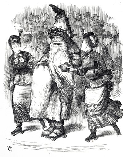 Cartoon die de Kerstman toont op rolschaatsen door John Tenniel