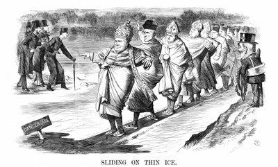 Engelse bekeerlingen tot Rome, waaronder Newman, schaatsen op dun ijs terwijl, links, Pusey en zijn Anglo-Katholieke 