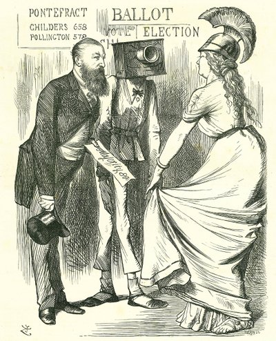 Hugh Childers (1827-1896) Britse parlementariër, vertelt Britannia over het succes van de nieuwe stembus. John Tenniel cartoon uit 