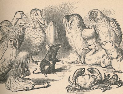 Illustratie voor het hoofdstuk een Caucus-Race en een lange staart. Alice en verschillende wezens door John Tenniel