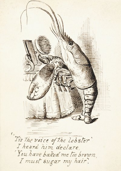 De Kreeft, met een haarborstel in zijn Klauw voor een Kaptafel, met 4 Regels Vers, c.1865 door John Tenniel