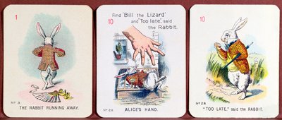 Drie Happy Family kaarten met personages uit Alice in Wonderland door Lewis Carroll door John Tenniel