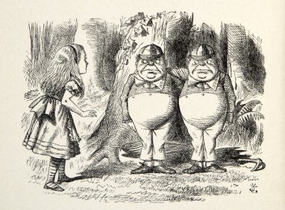 Tweedledum en Tweedledee, illustratie uit Through the Looking Glass, door Lewis Carroll, 1872 door John Tenniel