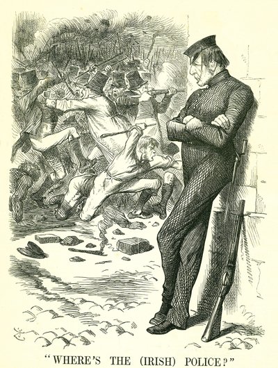Waar is de (Ierse) politie?: William Gladstone, Britse premier, kijkt naar de onrust in Ierland en wacht om in te grijpen. In april werd een nieuwe Irish Peace Preservation Act aangenomen door het parlement. John Tenniel cartoon uit Punch, Londen door John Tenniel