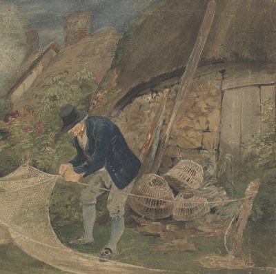 Een Oude Visser die Netten Repareert met een Cottage op de Achtergrond door John Thirtle
