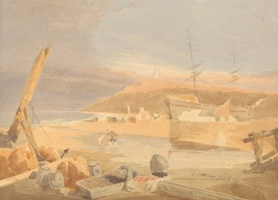 Kustscène met zeilschip aan de kade door John Thirtle