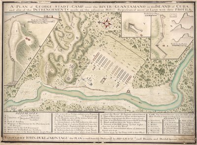 Een plattegrond van George Stadt Camp bij de rivier Guantamano op het eiland Cuba en ook van de schansen op de aangrenzende heuvels, in het groot weergegeven met hun profielen LOC 2010592464 door John Thomas