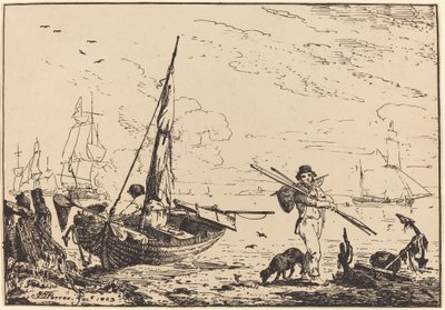 Marine: Vissersboten aan de Kust, Man met Roeispanen, Schip in de Verte door John Thomas Serres