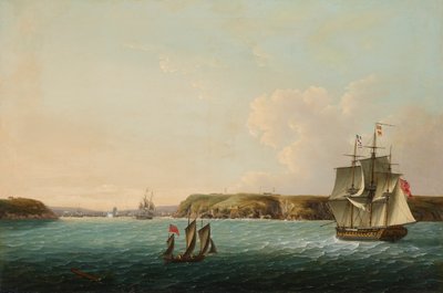 De kust en de ingang van Brest, met de HMS Boadicea die een signaal geeft aan een repeterend fregat over het aantal Franse en Spaanse schepen dat voor anker ligt in de haven. door John Thomas Serres