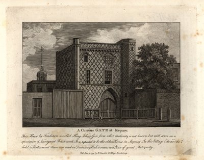 Een curieuze poort in bont metselwerk genaamd St John Gate, het oudste huis in Stepney door John Thomas Smith
