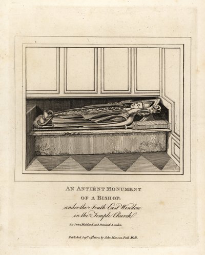 Oud monument van een bisschop onder het zuidoostelijke raam van de 12e-eeuwse Temple Church, Londen door John Thomas Smith