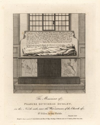 Monument van Lady Frances Kniveton, hertogin van Dudley, echtgenote van Sir Gilbert Kniveton, in de kerk van St Giles in the Fields door John Thomas Smith