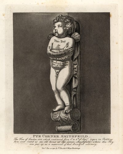 Monument van een jongen op Pye Corner, Smithfield, ter markering van de Brand van Londen in 1666 in nabijgelegen Pudding Lane door John Thomas Smith