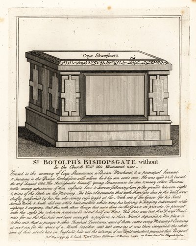 Moslim grafmonument in altaarstijl voor Coya Shawsware, of Khwaja Shahsuwar (1582-1626), een koopman en secretaris van Nogdi beg de Perzische ambassadeur, voorheen in St Botolphs, Bishopsgate door John Thomas Smith