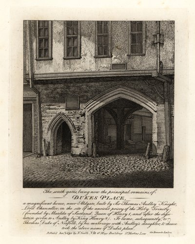 De ruïnes van de Zuidelijke Poorten van Dukes Place, gebouwd door Sir Thomas Audley (1488-1544) nabij Aldgate door John Thomas Smith