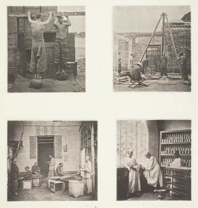 Het rollen van geparfumeerde theesoorten; het wegen van thee voor export; een theehuis, Canton; een theeproeverij, Canton door John Thomson