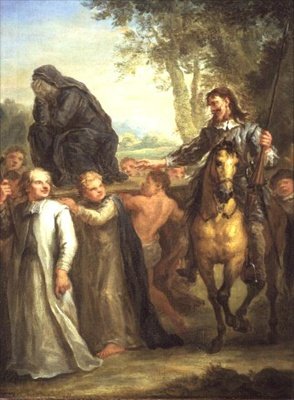 Don Quichot verwart een standbeeld van de Maagd Maria, gedragen in processie, met een vrouw die tegen haar wil wordt meegenomen, uit Cervantes