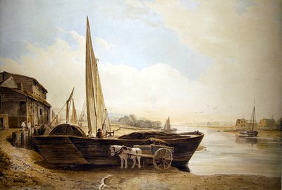 Een Thames-schip op het strand voor lossen door John Varley