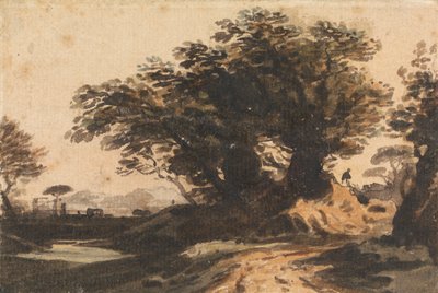 Landschap met een groep bomen bij een weg en een stroom door John Varley