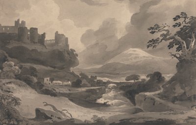 Berglandschap met kasteelruïnes op een klif door John Varley