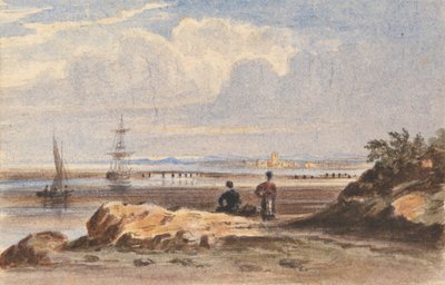 Kust met twee figuren en een verre stad door John Varley