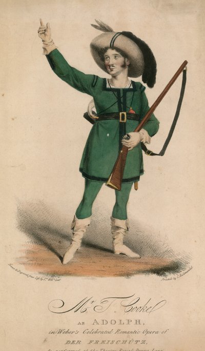 De heer T Cooke als Adolph in Webers beroemde romantische opera Der Freischutz uitgevoerd in het Theatre Royal Drury Lane door John W. Gear