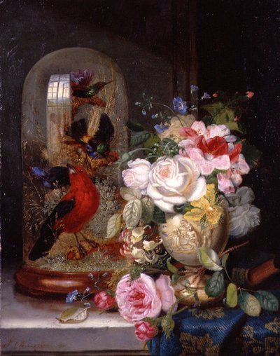 Een Stilleven met Rozen in een Vaas naast Exotische Vogels in een Glazen Kast door John Wainwright