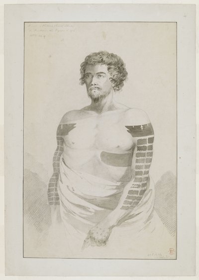 (Gehele tekening) Portret van een Hoofd van Borabora, [Puni?]; een bebaarde man met zwaar getatoeëerde armen met platte rechthoekige vlakken, en een groot vlak aan zijn linkerzijde. December 1777 door John Webber