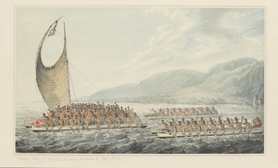 35: Tereoboo, Koning van Owyhee, brengt geschenken aan Kapitein Cook, uit een serie aquarellen die de laatste reis van Kapitein Cook illustreren, c.1773-84 (aquarel op papier) door John Webber
