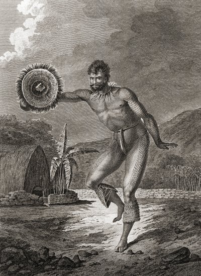 Een getatoeëerde danser in traditionele kostuum, Hawaï, 1778 door John Webber
