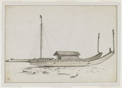 [Gehele tekening] Een dubbele reiskano van Otaheite [Tahiti], met uitgebreide houtsnijwerk door John Webber
