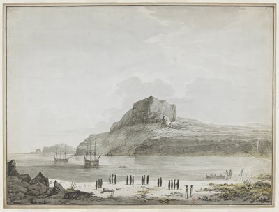 Uitzicht op Christmas Harbour, Kerguelen Island, met de Discovery en de Resolution voor anker. Twee scheepsboten zijn uit, één landt zeelieden aan de kust. Op de voorgrond twintig pinguïns in groepen en een zeeleeuw. 25-30 december 1776 door John Webber