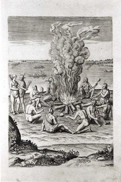 Indianen bidden rond een vuur, gravure uit Hariot