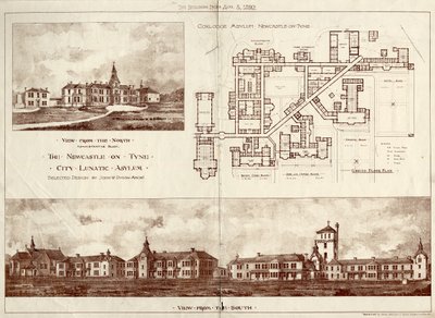 Het krankzinnigengesticht van Newcastle upon Tyne, Coxlodge, ca. 1829 (fotolitho) door John William Dyson