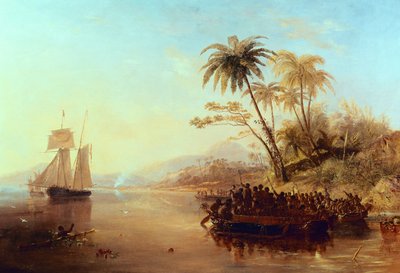 Een Brits onderzoeksschip in de Zuidelijke Stille Oceaan begroet door eilandbewoners in kano