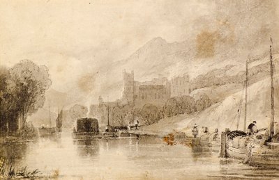 Rivierscène met Aken en Vernietigd Kasteel door John Wilson Ewbank