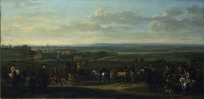 Een uitzicht op Old Newmarket met figuren en paarden op de heide door John Wootton