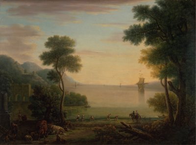 Klassiek landschap met figuren en dieren: Zonsondergang door John Wootton