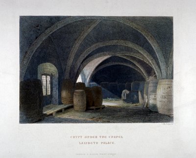 Crypte gevuld met vaten onder de kapel in Lambeth Palace, Londen, 1851 door John Wykeham Archer