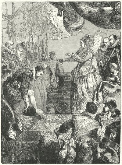Sir Francis Drake ontvangt zijn ridderslag van Koningin Elizabeth I, 1581 door John after Gilbert