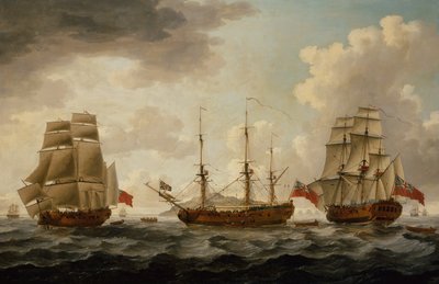 H.M.S. Tyrall in drie posities bij Antigua door John the Younger Cleveley