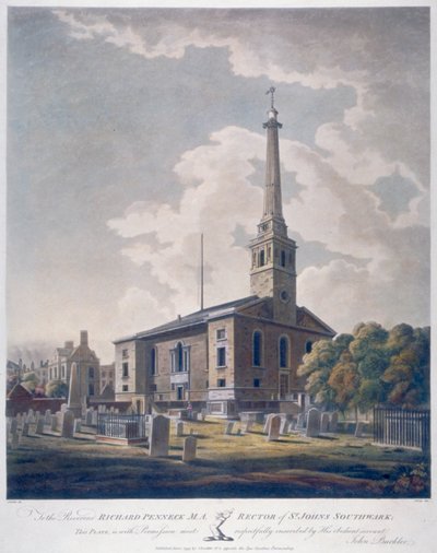 Zicht op de Kerk van St John Horsleydown, Bermondsey, Londen, 1799 door John william Edy