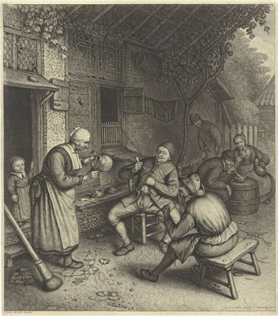 Boeren op het terras voor een herberg door Jonas Suyderhoef
