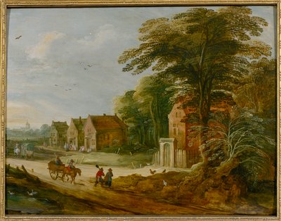 Reizigers die door een dorp trekken door Joos de (studio of) Momper