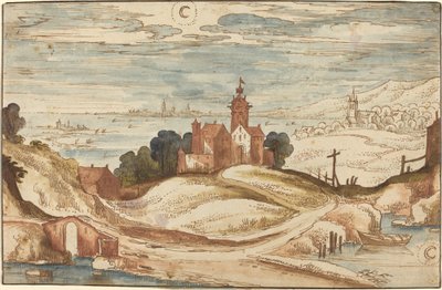 Landschap met kasteel op een heuvel door Joos de Momper II