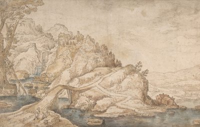Heuvelachtig Landschap met Rivier, Brug en Huizen met Twee Figuren Links door Joos de Momper the Younger.