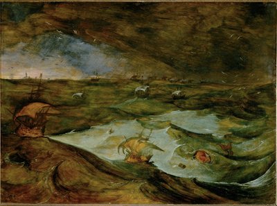Storm op zee, vroeger toegeschreven aan Pieter Bruegel de Oude (schilderij op eikenhout) door Joos or Josse de The Younger Momper