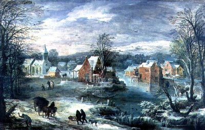 Dorp landschap in de winter door Joos or Josse de The Younger Momper