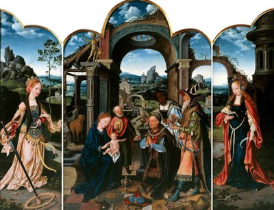 Dutch: De H. Catharina (links); De aanbidding van de Wijzen (midden); De H. Barbara (rechts) Adoration of the Magi with Sigismund I of Poland door Joos van Cleve